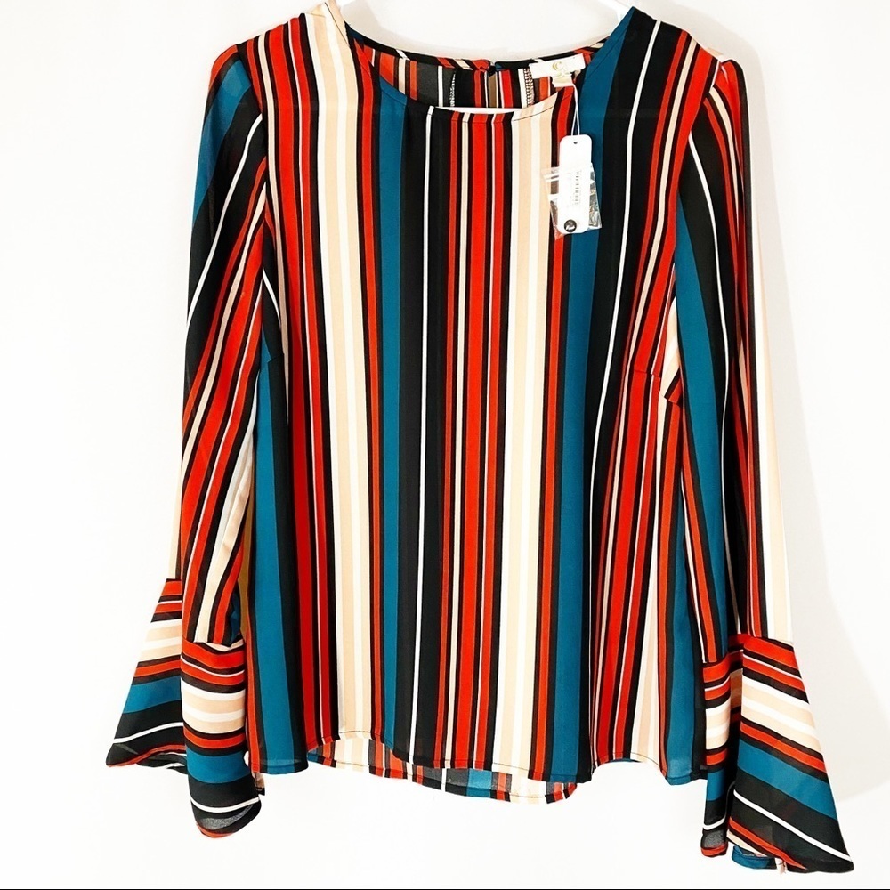 NWT Charming Charlie Vertical Stripe Bell Sleeve Top Blouse
